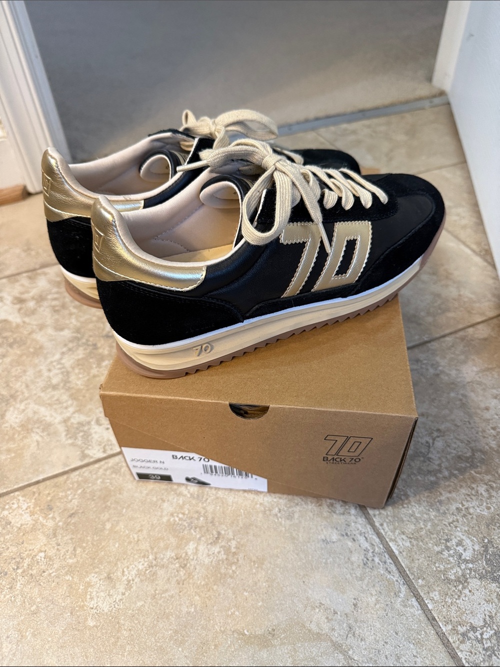 Women's Black and Gold Retro-Inspired Lace-Up Sneakers